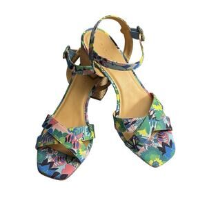 Talbots Siena Rope Floral Green Blue Sandals Women 9.5 Ankle Strap Block Heel